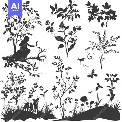 Silhouettes of Nature: A Woman, Flowers, and Butterflies in a Garden S