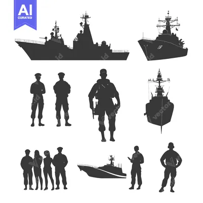 Silhouettes of Navy Ships and Personnel