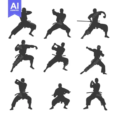 Silhouettes of Nine Karate Fighters in Different Poses