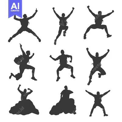 Premium design asset: Silhouettes of Nine Men Jumping with Backpacks