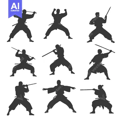Silhouettes of Nine Ninjas in Various Fighting Poses with Swords and S