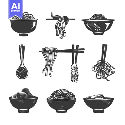Silhouettes of Noodles in Bowls, with Chopsticks and a Spoon