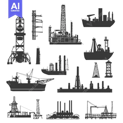 Silhouettes of Oil Rigs, Platforms, and Ships