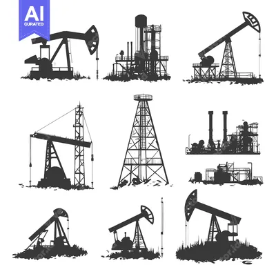 Silhouettes of Oil Rigs, Pumps, and Refinery Equipment