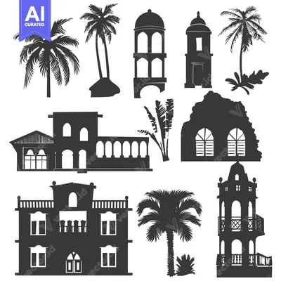 Silhouettes of Palm Trees, Buildings, and a Ruin in a Tropical Setting