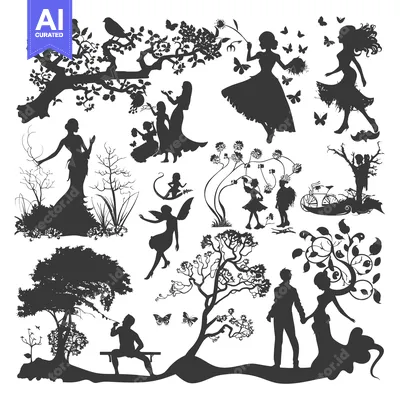 Aset desain premium: Silhouettes of People and Nature in a Whimsical Setting