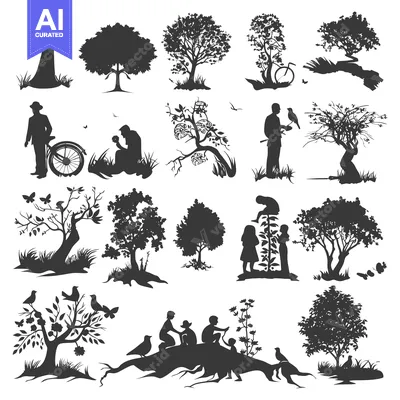 Premium design asset: Silhouettes of People and Trees in a Natural Setting