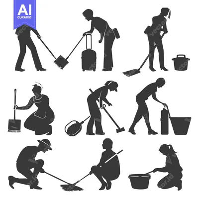 Silhouettes of People Cleaning and Sweeping