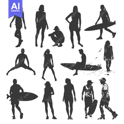 Silhouettes of People Enjoying the Beach and Surf