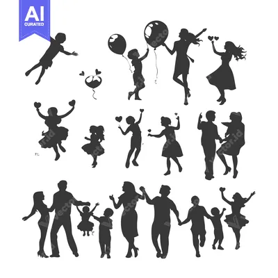 Silhouettes of People, Families, and Children Celebrating with Balloon