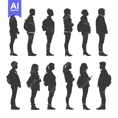 Silhouettes of people in a line, standing in profile, facing right, we
