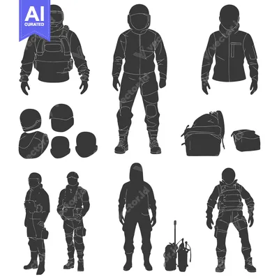Aset premium populer: Silhouettes of People in Protective Gear and with Backpacks