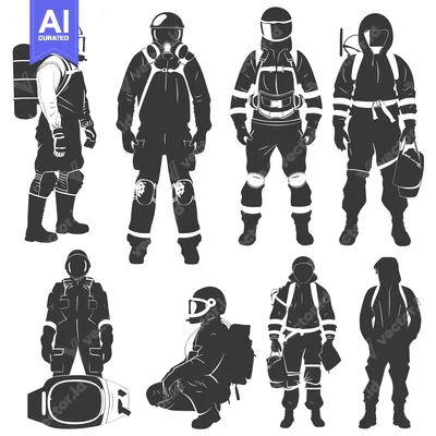 Silhouettes of People in Protective Gear with Backpacks and Helmets