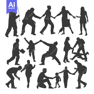Silhouettes of People in Various Poses and Interactions
