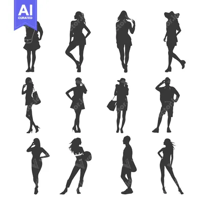 Aset desain premium: Silhouettes of People in Various Poses and Outfits