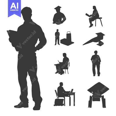 Aset desain premium: Silhouettes of People in Various Poses, Including Standing, Sitting, a