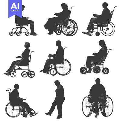 Aset desain premium: Silhouettes of people in wheelchairs and a person walking