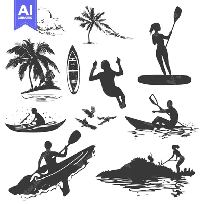 Silhouettes of People Kayaking, Stand-Up Paddleboarding, and Jumping i