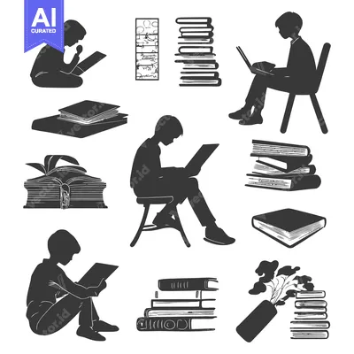 Silhouettes of People Reading Books and Stacks of Books