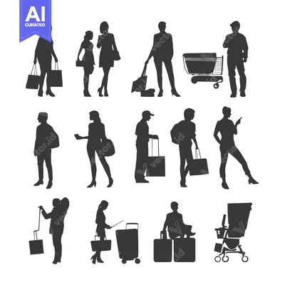 Aset premium populer: Silhouettes of People Shopping and Traveling with Bags and Luggage