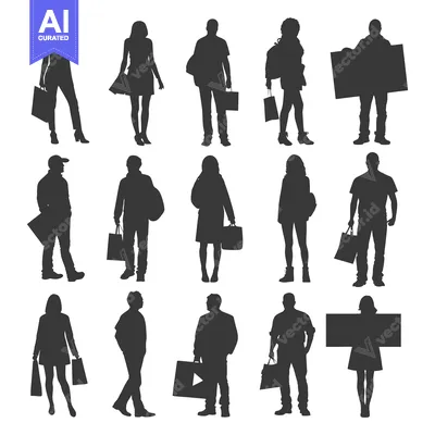 Aset desain premium: Silhouettes of People Shopping with Bags and a Sign
