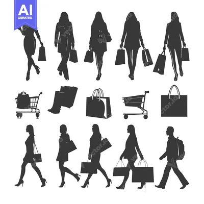 Aset premium populer: Silhouettes of People Shopping with Bags and Carts