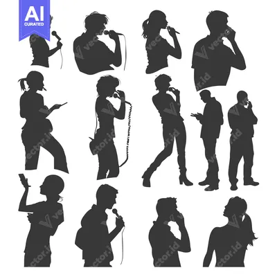 Aset desain premium: Silhouettes of People Talking on Phones and Holding Microphones