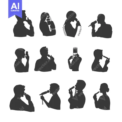 Aset desain premium: Silhouettes of People Talking on Phones, Singing, and Using Technology