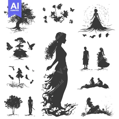 Silhouettes of People, Trees, Butterflies, and Flowers in a Whimsical