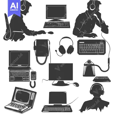 Aset desain premium: Silhouettes of People Using Different Types of Computers and Devices