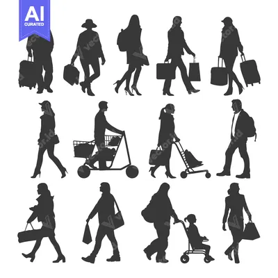 Aset premium populer: Silhouettes of People Walking and Carrying Luggage, Shopping Bags, and