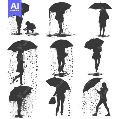 Premium design asset: Silhouettes of People Walking in the Rain with Umbrellas
