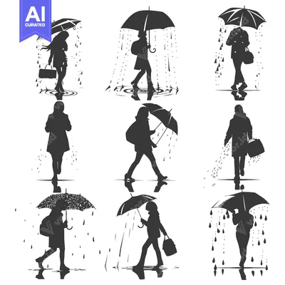 Silhouettes of People Walking in the Rain with Umbrellas