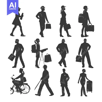 Aset premium populer: Silhouettes of People with Various Accessories and Modes of Transporta