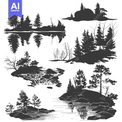 Popular premium asset: Silhouettes of Pine Trees on Rocky Shores and Islands with Reflections