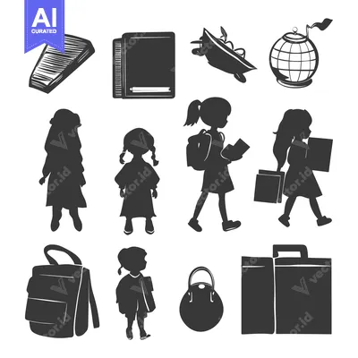 Silhouettes of School Children and Related Objects