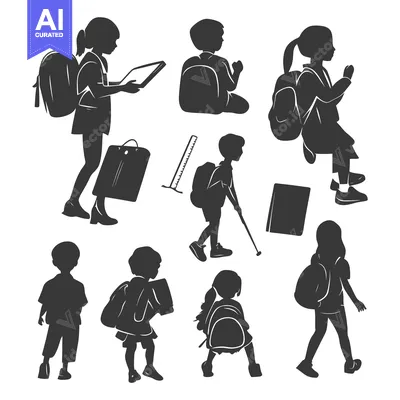 Silhouettes of School Children with Backpacks and School Supplies