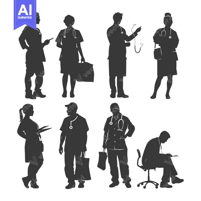 Silhouettes of Seven Medical Professionals in Various Poses