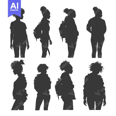Aset desain premium: Silhouettes of Six Black Women with Different Hairstyles and Clothing