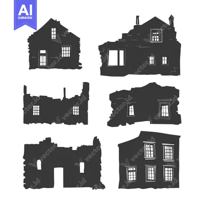 Aset premium populer: Silhouettes of Six Ruined Houses with Windows