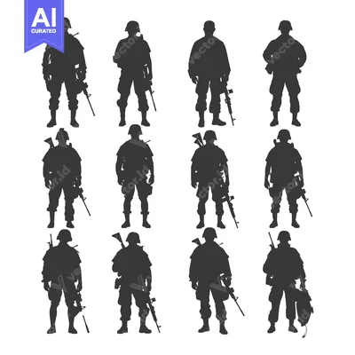 Aset desain premium: Silhouettes of Soldiers Holding Rifles and Gear