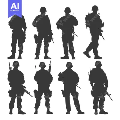 Silhouettes of Soldiers in Various Poses and Armed with Rifles