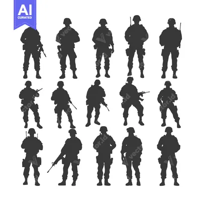 Silhouettes of Soldiers in Various Poses with Weapons