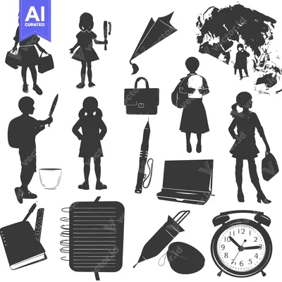 Silhouettes of Students with School Supplies and Objects