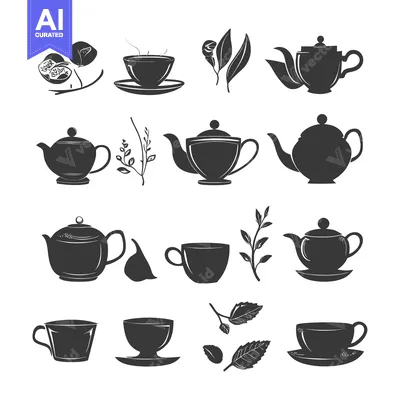Silhouettes of teacups, teapots, and leaves