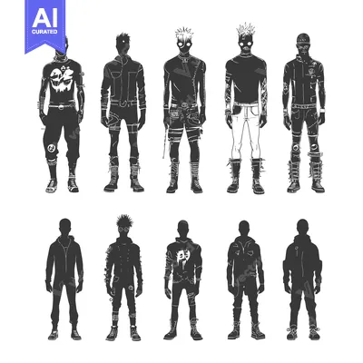 Silhouettes of Ten Male Figures in Cyberpunk Style