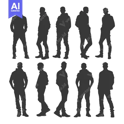 Silhouettes of Ten Men in Casual Clothing, Standing in Various Poses
