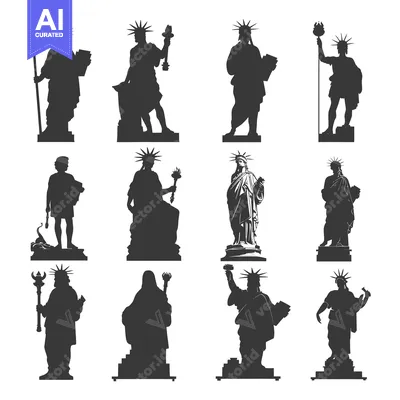 Aset desain premium: Silhouettes of the Statue of Liberty in Various Poses
