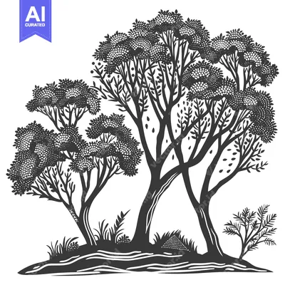 Aset premium populer: Silhouettes of Three Trees in a Woodland Setting