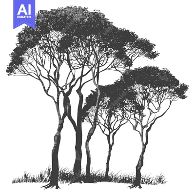 Silhouettes of Three Trees with Grass at Their Base